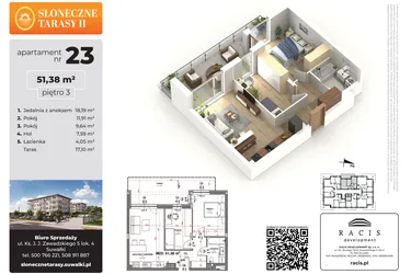 Rzut - Mieszkanie na sprzedaż 3 pokoje o powierzchni 51,38 m² - numer 23 w Słoneczne Tarasy II etap 2