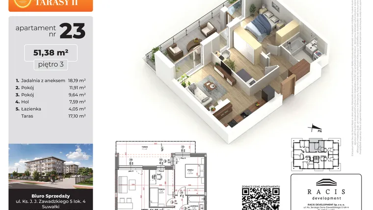 Rzut - Mieszkanie na sprzedaż 3 pokoje o powierzchni 51,38 m² - numer 23 w Słoneczne Tarasy II etap 2