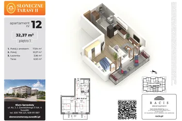 Rzut - Mieszkanie na sprzedaż 2 pokoje o powierzchni 32,37 m² - numer 12 w Słoneczne Tarasy II etap 2