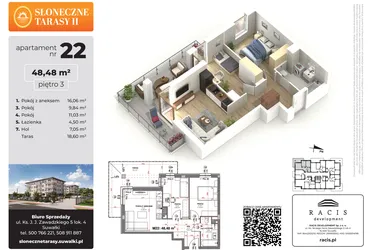 Rzut - Mieszkanie na sprzedaż 3 pokoje o powierzchni 48,48 m² - numer 22 w Słoneczne Tarasy II etap 2