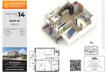 Rzut - Mieszkanie na sprzedaż 2 pokoje o powierzchni 30,57 m² - numer 14 w Słoneczne Tarasy II etap 2