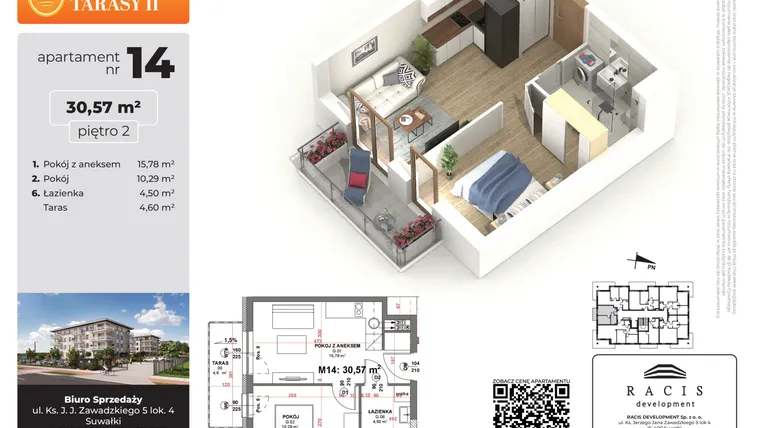 Rzut - Mieszkanie na sprzedaż 2 pokoje o powierzchni 30,57 m² - numer 14 w Słoneczne Tarasy II etap 2