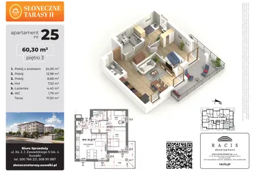 Rzut - Mieszkanie na sprzedaż 3 pokoje o powierzchni 60,3 m² - numer 25 w Słoneczne Tarasy II etap 2