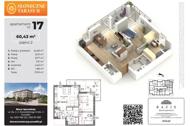 Rzut - Mieszkanie na sprzedaż 3 pokoje o powierzchni 60,43 m² - numer 17 w Słoneczne Tarasy II etap 2