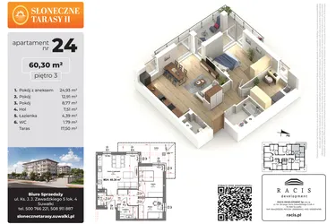 Rzut - Mieszkanie na sprzedaż 3 pokoje o powierzchni 60,3 m² - numer 24 w Słoneczne Tarasy II etap 2