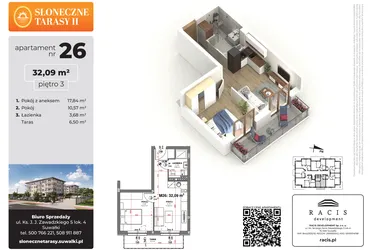 Rzut - Mieszkanie na sprzedaż 2 pokoje o powierzchni 32,09 m² - numer 26 w Słoneczne Tarasy II etap 2