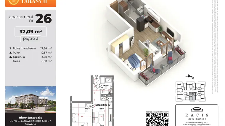 Rzut - Mieszkanie na sprzedaż 2 pokoje o powierzchni 32,09 m² - numer 26 w Słoneczne Tarasy II etap 2
