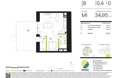 Rzut - Mieszkanie na sprzedaż 1 pokój o powierzchni 34,95 m² - numer B.0.4 w Ogrody Staromiejskie