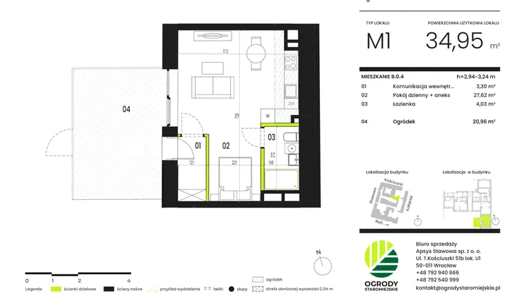 Rzut - Mieszkanie na sprzedaż 1 pokój o powierzchni 34,95 m² - numer B.0.4 w Ogrody Staromiejskie