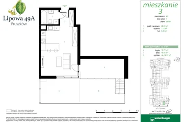 Rzut - Mieszkanie na sprzedaż 1 pokój o powierzchni 33,4 m² - numer 3A w Lipowa 49A