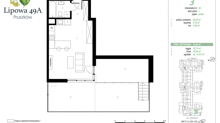 Rzut - Mieszkanie na sprzedaż 1 pokój o powierzchni 33,4 m² - numer 3A w Lipowa 49A