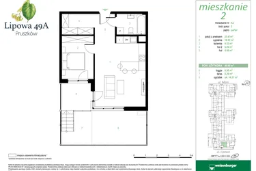 Rzut - Mieszkanie na sprzedaż 2 pokoje o powierzchni 49,89 m² - numer 2A w Lipowa 49A