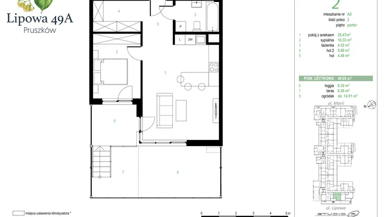 Rzut - Mieszkanie na sprzedaż 2 pokoje o powierzchni 49,89 m² - numer 2A w Lipowa 49A