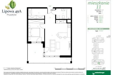 Rzut - Mieszkanie na sprzedaż 2 pokoje o powierzchni 49,91 m² - numer 11A w Lipowa 49A