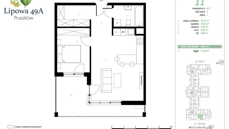 Rzut - Mieszkanie na sprzedaż 2 pokoje o powierzchni 49,91 m² - numer 11A w Lipowa 49A