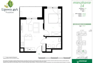 Rzut - Mieszkanie na sprzedaż 2 pokoje o powierzchni 34,03 m² - numer 14A w Lipowa 49A