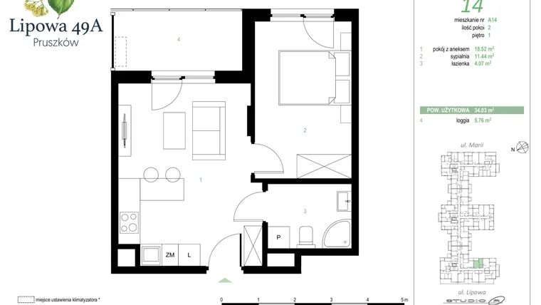 Rzut - Mieszkanie na sprzedaż 2 pokoje o powierzchni 34,03 m² - numer 14A w Lipowa 49A