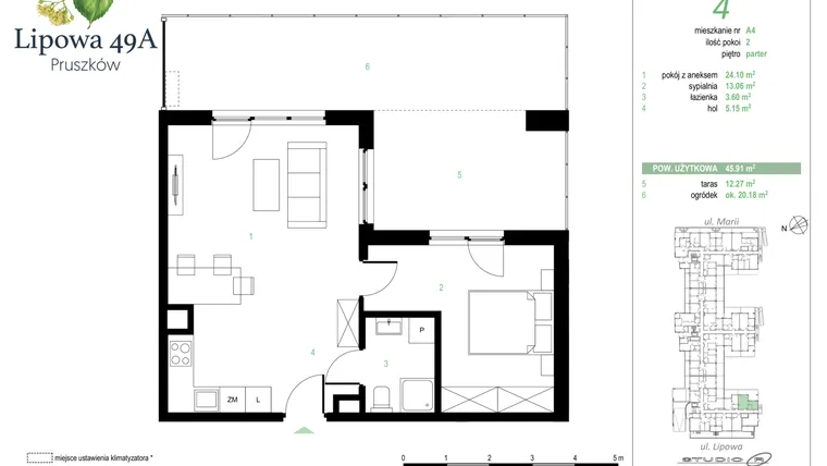 Rzut - Mieszkanie na sprzedaż 2 pokoje o powierzchni 45,91 m² - numer 4A w Lipowa 49A