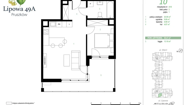 Rzut - Mieszkanie na sprzedaż 2 pokoje o powierzchni 45,41 m² - numer 10A w Lipowa 49A