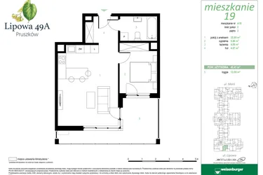 Rzut - Mieszkanie na sprzedaż 2 pokoje o powierzchni 45,41 m² - numer 19A w Lipowa 49A
