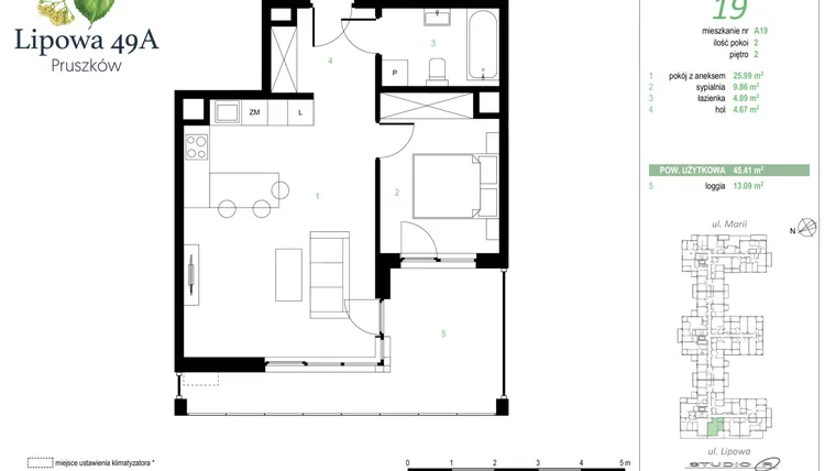 Rzut - Mieszkanie na sprzedaż 2 pokoje o powierzchni 45,41 m² - numer 19A w Lipowa 49A
