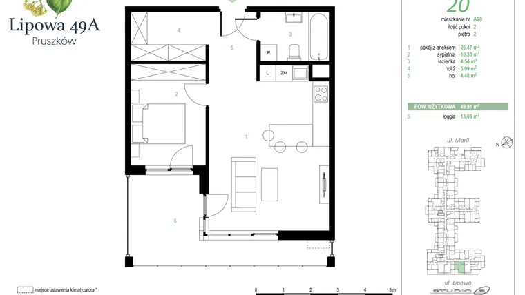 Rzut - Mieszkanie na sprzedaż 2 pokoje o powierzchni 49,91 m² - numer 20A w Lipowa 49A