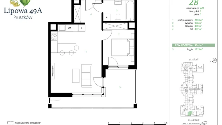 Rzut - Mieszkanie na sprzedaż 2 pokoje o powierzchni 45,41 m² - numer 28A w Lipowa 49A