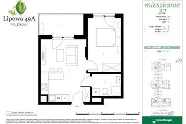 Rzut - Mieszkanie na sprzedaż 2 pokoje o powierzchni 34,03 m² - numer 32A w Lipowa 49A