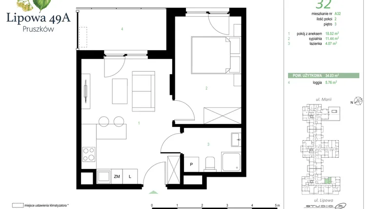 Rzut - Mieszkanie na sprzedaż 2 pokoje o powierzchni 34,03 m² - numer 32A w Lipowa 49A