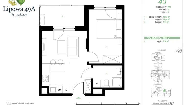 Rzut - Mieszkanie na sprzedaż 2 pokoje o powierzchni 34,03 m² - numer 40A w Lipowa 49A