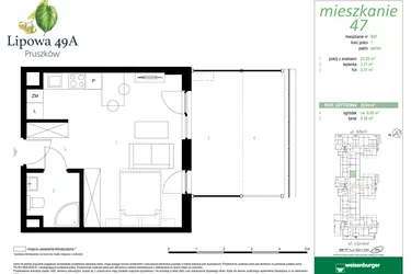 Rzut - Mieszkanie na sprzedaż 1 pokój o powierzchni 29,94 m² - numer 47B w Lipowa 49A