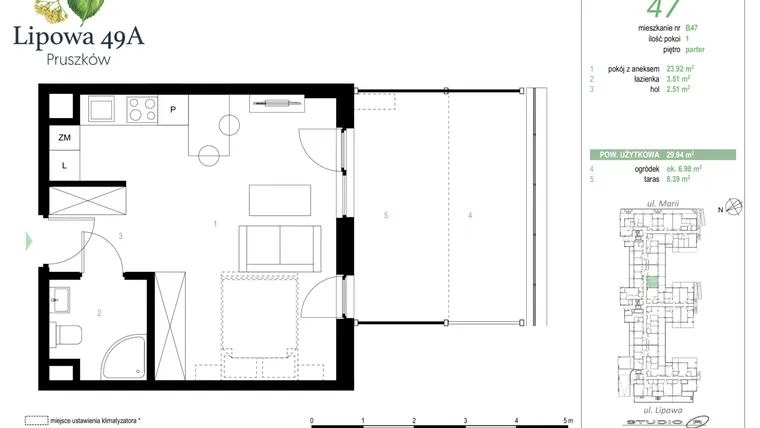 Rzut - Mieszkanie na sprzedaż 1 pokój o powierzchni 29,94 m² - numer 47B w Lipowa 49A