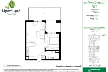 Rzut - Mieszkanie na sprzedaż 2 pokoje o powierzchni 43,07 m² - numer 50B w Lipowa 49A