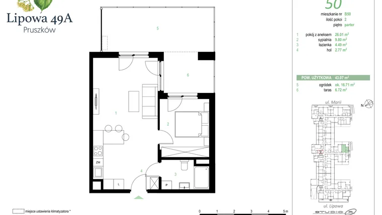 Rzut - Mieszkanie na sprzedaż 2 pokoje o powierzchni 43,07 m² - numer 50B w Lipowa 49A