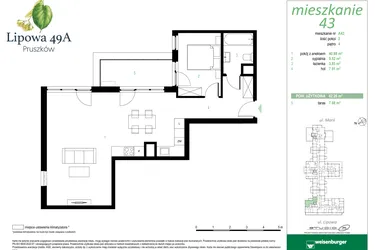 Rzut - Mieszkanie na sprzedaż 2 pokoje o powierzchni 62,26 m² - numer 43A w Lipowa 49A