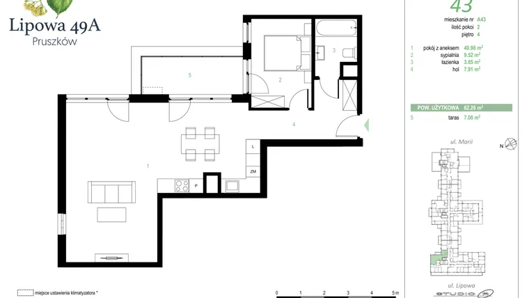 Rzut - Mieszkanie na sprzedaż 2 pokoje o powierzchni 62,26 m² - numer 43A w Lipowa 49A