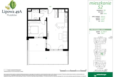 Rzut - Mieszkanie na sprzedaż 2 pokoje o powierzchni 47,99 m² - numer 52B w Lipowa 49A