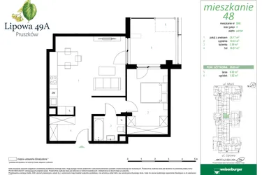 Rzut - Mieszkanie na sprzedaż 2 pokoje o powierzchni 55,06 m² - numer 48B w Lipowa 49A