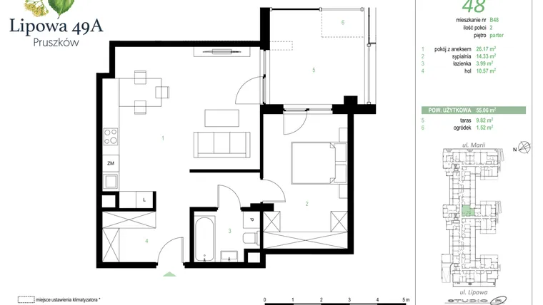 Rzut - Mieszkanie na sprzedaż 2 pokoje o powierzchni 55,06 m² - numer 48B w Lipowa 49A