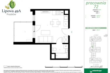 Rzut - Mieszkanie na sprzedaż 1 pokój o powierzchni 23,25 m² - numer 72B w Lipowa 49A