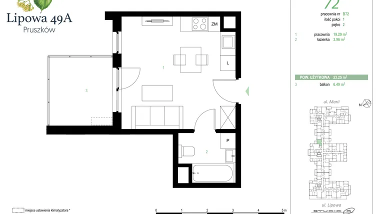Rzut - Mieszkanie na sprzedaż 1 pokój o powierzchni 23,25 m² - numer 72B w Lipowa 49A