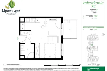 Rzut - Mieszkanie na sprzedaż 1 pokój o powierzchni 29,98 m² - numer 74B w Lipowa 49A