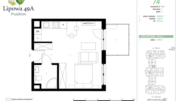Rzut - Mieszkanie na sprzedaż 1 pokój o powierzchni 29,98 m² - numer 74B w Lipowa 49A
