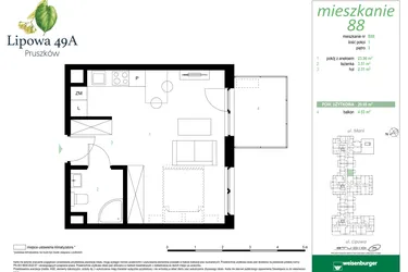 Rzut - Mieszkanie na sprzedaż 1 pokój o powierzchni 29,98 m² - numer 88B w Lipowa 49A