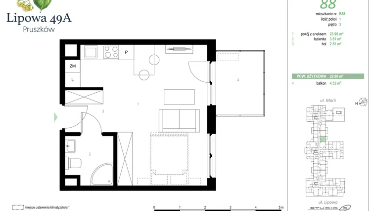 Rzut - Mieszkanie na sprzedaż 1 pokój o powierzchni 29,98 m² - numer 88B w Lipowa 49A