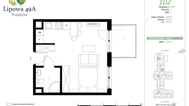 Rzut - Mieszkanie na sprzedaż 1 pokój o powierzchni 29,98 m² - numer 102B w Lipowa 49A