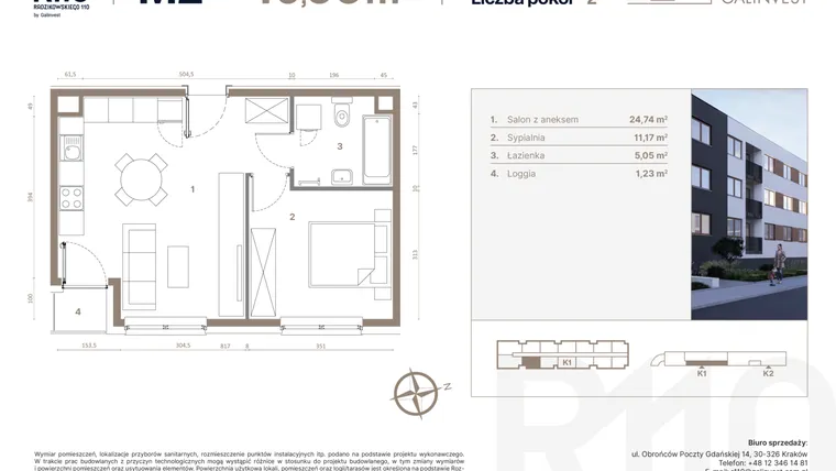 Rzut - Mieszkanie na sprzedaż 2 pokoje o powierzchni 40,96 m² - numer 2 w Radzikowskiego 110