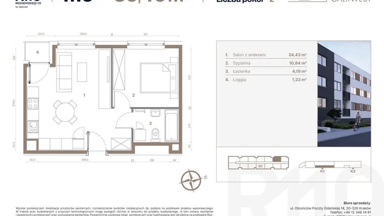 Rzut - Mieszkanie na sprzedaż 2 pokoje o powierzchni 39,46 m² - numer 9 w Radzikowskiego 110