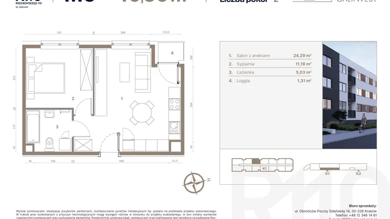 Rzut - Mieszkanie na sprzedaż 2 pokoje o powierzchni 40,5 m² - numer 6 w Radzikowskiego 110