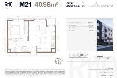 Rzut - Mieszkanie na sprzedaż 2 pokoje o powierzchni 40,98 m² - numer 21 w Radzikowskiego 110